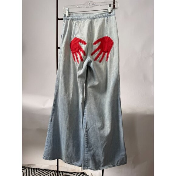 Vintage Oxmoor Light Wash Denim Pants Womens Size 9 Embroidered Hand Patch Wide - Picture 2 of 16